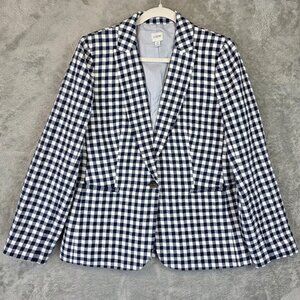 J Crew Blazer Womens 12 Navy White Gingham Check Linen Cotton One Button Coat